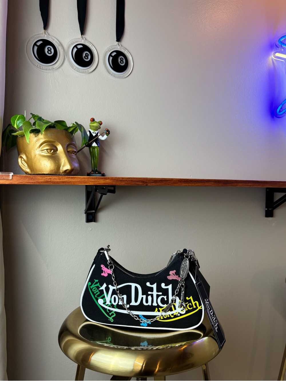 Von Dutch Black Canvas Mini Shoulder Bag with Multicolor Logo Accents
